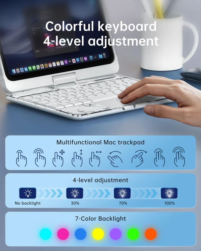 Alt view image 9 of 10 - Clear Keyboard Case for iPad Mini 7 A17 Pro(2024) & Mini 6 (2021) 8.3", 7-Color Backlit Wireless Keyboard with Touchpad, 360 Rotating Stand, Pencil Holder for iPad mini 7th/6th Generation White