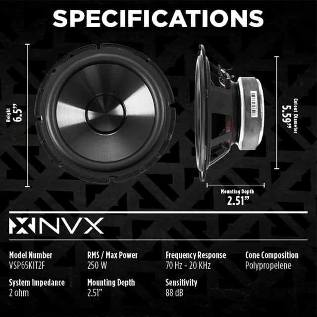 Alt view image 8 of 10 - NVX VSP65KIT2F 6.5" Premium Car Speakers, 375W each side(750W per set), 250W RMS, 2-Ohm 2-Way Component System w/ 1" Silk Dome Tweeters & Passive X-Overs, Easy to Install in Cars/Trucks/Doors (Pair)