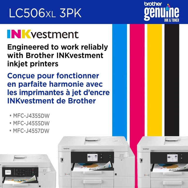 Alt view image 12 of 14 - Brother Genuine LC506XL3PK 3-Pack High Yield Cyan, Magenta, and Yellow Ink Cartridges (for use with INKvestment 4355, 4555, and 4557 Printers)