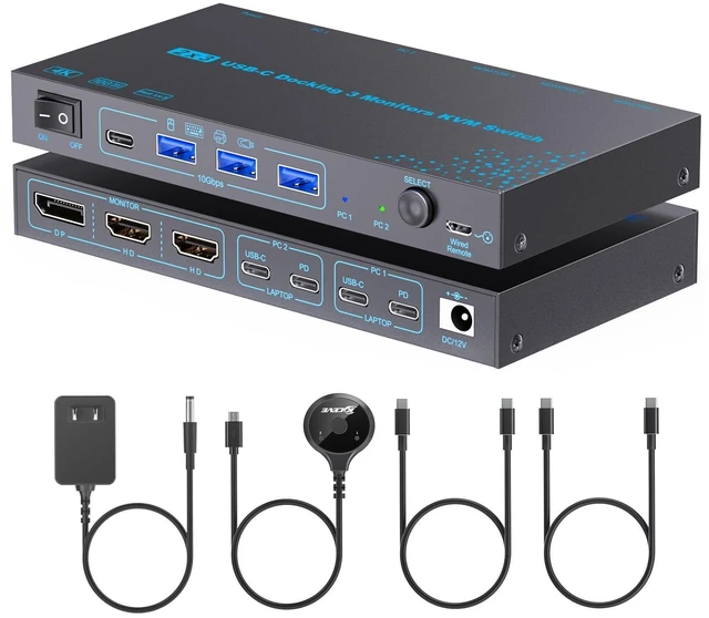 Alt view image 6 of 10 - KVM Switch 3 Monitors 2 Laptops 4K@60Hz, USB C KVM Switcher with PD Charging Function for 2 Computer Share 3 Display-2 HDMI + 1 DP, No Driver Required