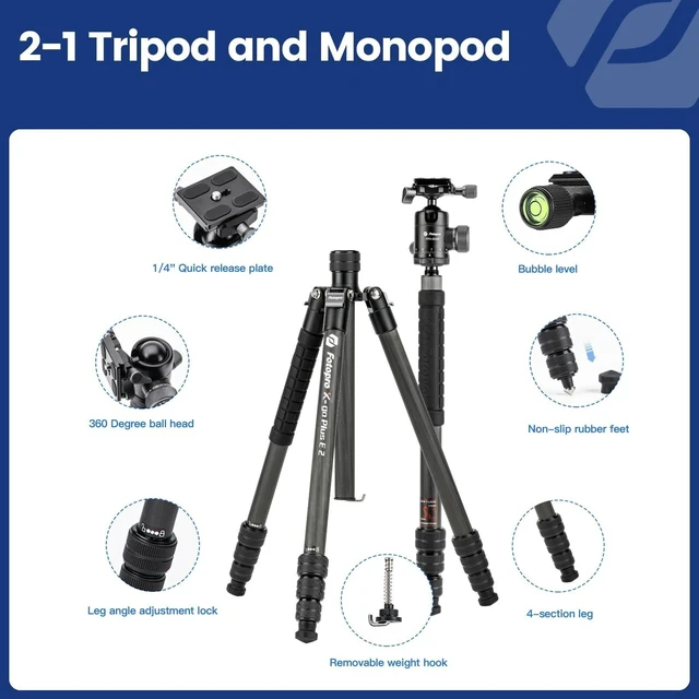 Alt view image 8 of 8 - Fotopro Carbon Fiber Camera Tripod with 360" Panorama Head, Lightweight Travel Tripod with 75" Detachable Monopod, Compact Portable for DSLR Mirrorless Camera Photography, 22 lbs Load, X-Go Plus E 2