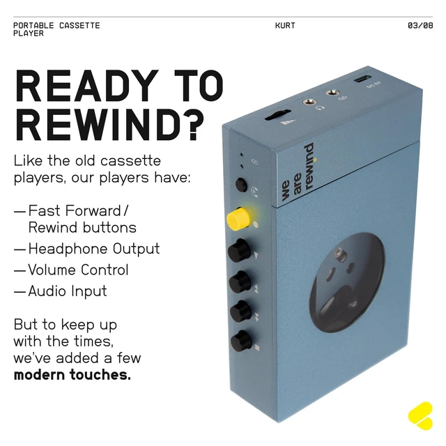 Alt view image 8 of 10 - We Are Rewind Portable Cassette Player - Cassette Tape Recorder with Bluetooth Connection Speaker or Headphones, 3.5mm Audio Cable - Vintage Design Cassette Player & Recorder - (Kurt, Blue)