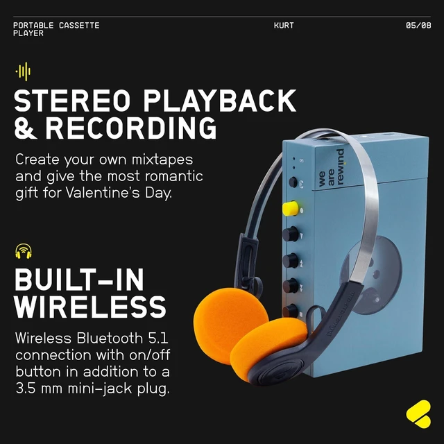 Alt view image 10 of 10 - We Are Rewind Portable Cassette Player - Cassette Tape Recorder with Bluetooth Connection Speaker or Headphones, 3.5mm Audio Cable - Vintage Design Cassette Player & Recorder - (Kurt, Blue)