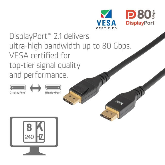 Alt view image 8 of 10 - Club 3D CAC-1094 2 Meter/ 6.56 Feet DisplayPort 2.1 Bi-Directional VESA DP80 Certified Cable with G-SYNC, & HDR 8K 240Hz M/M 5090 5080 7900XTX 9070XT
