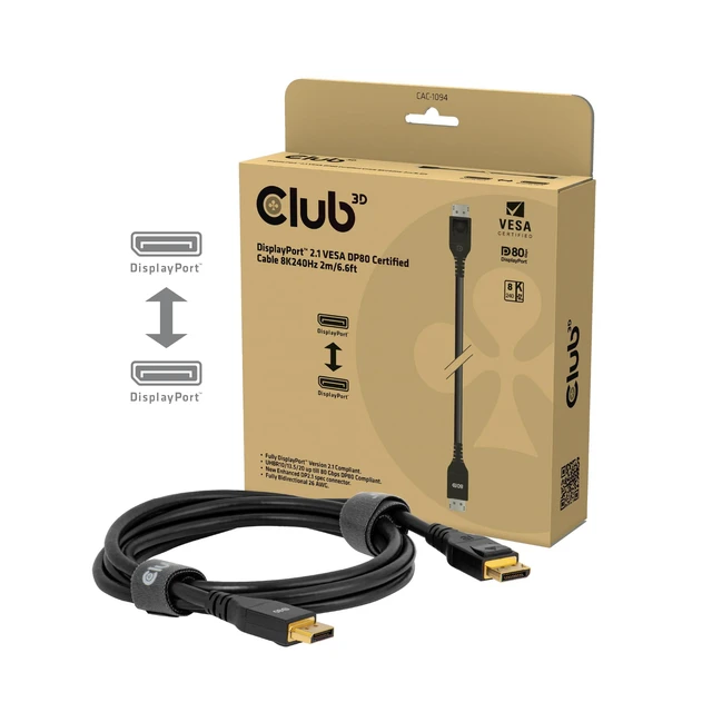 Alt view image 9 of 10 - Club 3D CAC-1094 2 Meter/ 6.56 Feet DisplayPort 2.1 Bi-Directional VESA DP80 Certified Cable with G-SYNC, & HDR 8K 240Hz M/M 5090 5080 7900XTX 9070XT