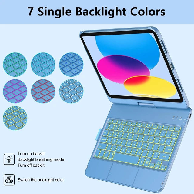 Alt view image 8 of 10 - aMZCaSE Keyboard Case for iPad (A16) 11th 10th Generation, Touchpad & 360 Rotatable for iPad A16 Keyboard Case, Backlit Latop Case for 10.9 in 10th Gen 2022 with Smart Wake/Up, Pen Holder,Ocean Blue