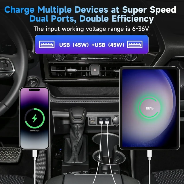 Alt view image 10 of 10 - 90W Car Charger USB c Dual Port Adapter Center Console Socket for Toyota Tundra Fast Charging (Flat USB(45W)+USB (45W))