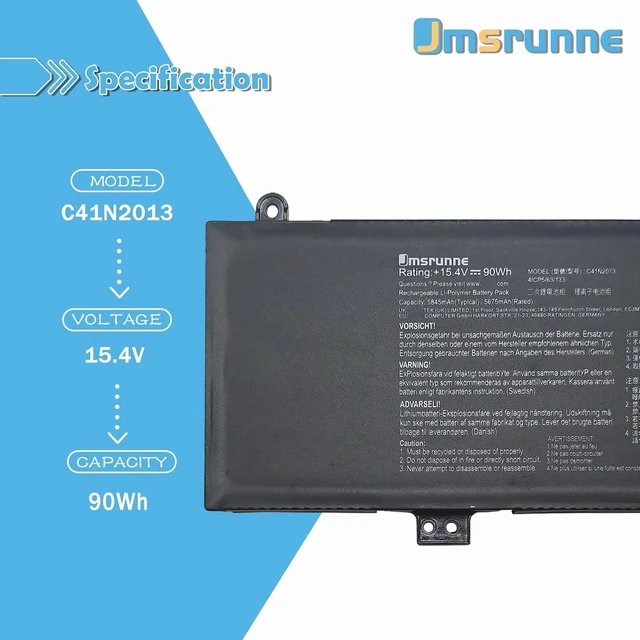Alt view image 9 of 14 - C41N2013 C41N2013-1 Laptop Battery Replacement for Asus ROG Strix G713 G513 Scar G733 G533 TUF Gaming A15 FA507 A17 FA707 Zephyrus GA502 GA503 S17 GX703 M16 GU603 ProArt Studiobook 16 OLED 90Wh