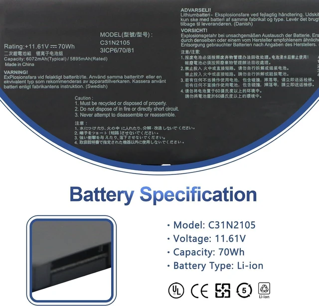 Alt view image 9 of 14 - C31N2105 Laptop Battery Replacement for ASUS VivoBook 14X OLED X1403ZA / VivoBook S 16X M5602QA S5602ZA K6602HE M6500QF F1603ZA S1503QA S3502ZA S5402ZA S5602ZA Series 0B200-04140000 70Wh 5895mAh