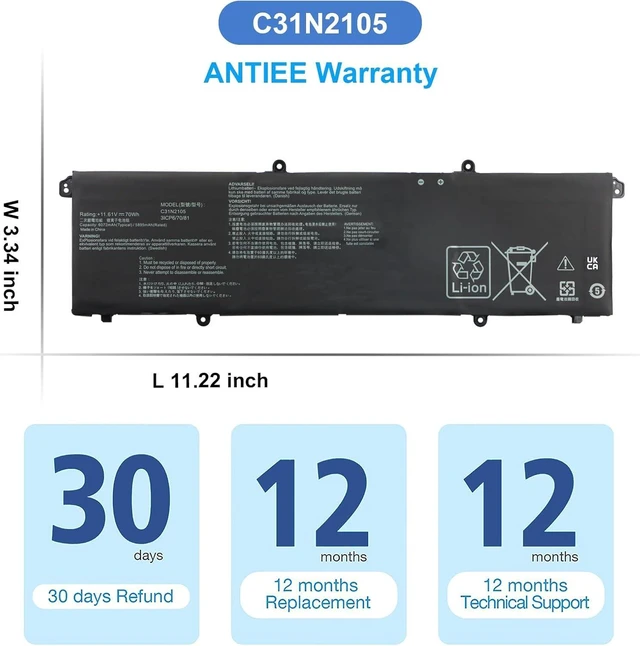 Alt view image 14 of 14 - C31N2105 Laptop Battery Replacement for ASUS VivoBook 14X OLED X1403ZA / VivoBook S 16X M5602QA S5602ZA K6602HE M6500QF F1603ZA S1503QA S3502ZA S5402ZA S5602ZA Series 0B200-04140000 70Wh 5895mAh