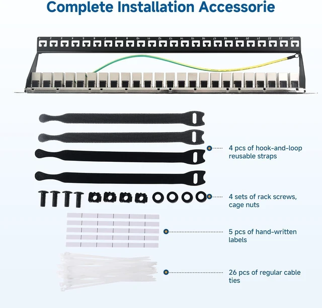 Alt view image 14 of 14 - Cable Matters 1U 19-Inch 24-Port 10Gbps Cat6A Ethernet Patch Panel with Inline Keystone and Cable Management Bar, Rackmount or Wall Mount RJ45 Patch Panel