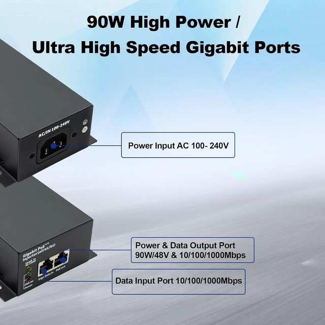 Alt view image 10 of 14 - High Power Gigabit PoE++ Injector Adapter, Integrated Power Supply, Convert A Non-PoE Port to A 90W Gigabit Port, Up to 95W to 60W, 30W, 15.4W, Up to 100m (328 ft)