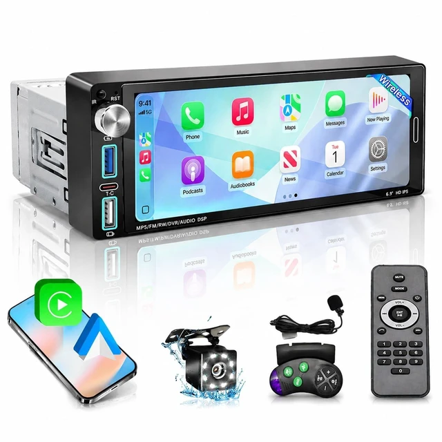 Alt view image 6 of 10 - Single Din Touchscreen Radio,6.9" HD IPS Single Din Car Stereo with Wireless Apple CarPlay & Android Auto,Bluetooth 5.2, Physical Knob,Backup Camera,Navigation,MirrorLink,FM,USB/Type-C Fast Cha