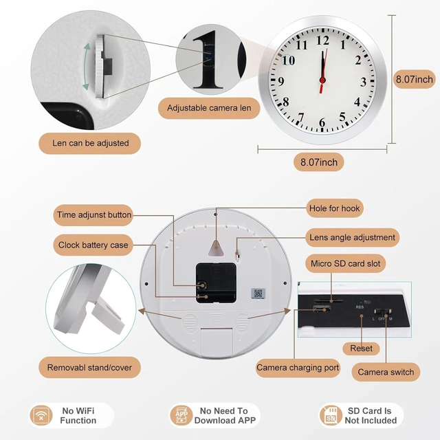Alt view image 14 of 14 - Nanny Cam 1080P HD Clock Hidden Camera Motion Detection Loop Recording Small Video Camera for Office, Indoor Security Camera No WiFi Function