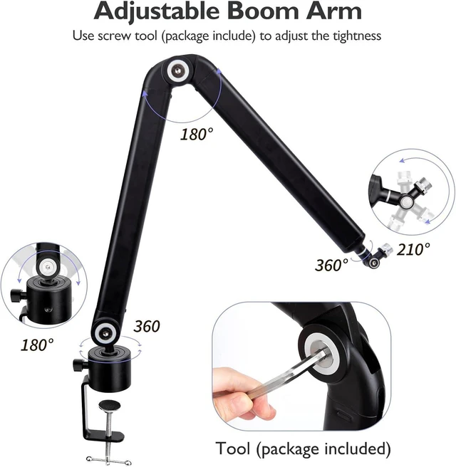 Alt view image 10 of 14 - For Blue Yeti Mic Boom Arm - Heavy Duty Mic Stand with Reduce Wind Noises Mic Foam Cover, Adjustbale Weighted Metal Microphone Boom Arm with Cable Management 3/8" to 5/8" Adapter