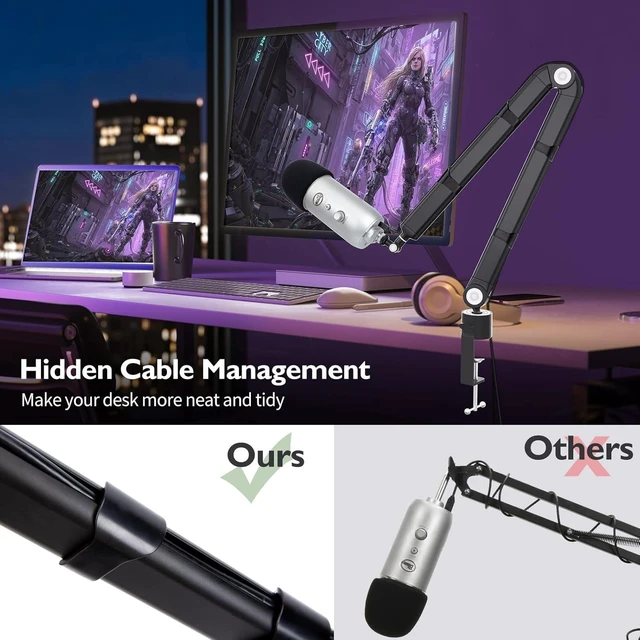 Alt view image 11 of 14 - For Blue Yeti Mic Boom Arm - Heavy Duty Mic Stand with Reduce Wind Noises Mic Foam Cover, Adjustbale Weighted Metal Microphone Boom Arm with Cable Management 3/8" to 5/8" Adapter