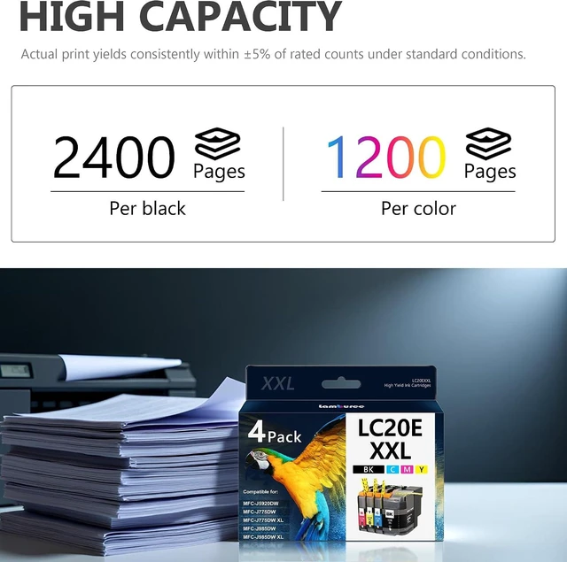 Alt view image 10 of 14 - LC20E XXL Ink Cartridges with Super High-Yield Replacement for Brother LC20E Work with Brother MFC-J985DW MFC-J775DW MFC-J5920DW Printers (Black, Cyan, Magenta, Yellow, 4 Pack)