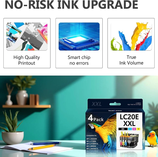 Alt view image 11 of 14 - LC20E XXL Ink Cartridges with Super High-Yield Replacement for Brother LC20E Work with Brother MFC-J985DW MFC-J775DW MFC-J5920DW Printers (Black, Cyan, Magenta, Yellow, 4 Pack)