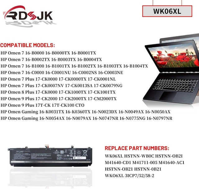 Alt view image 10 of 14 - WK06XL Laptop Battery for HP Omen 7 16-B0000 16-B0000TX 16-B0001TX 16-B0002TX 16-B1000 16-B1001TX 16-C0000 16-C0001NU 7 Plus 17-CK0000 17-CK0000TX 8 Plus 17-CK0000 17-CK1000TX 9 Plus 17-CK2000 6880mAh
