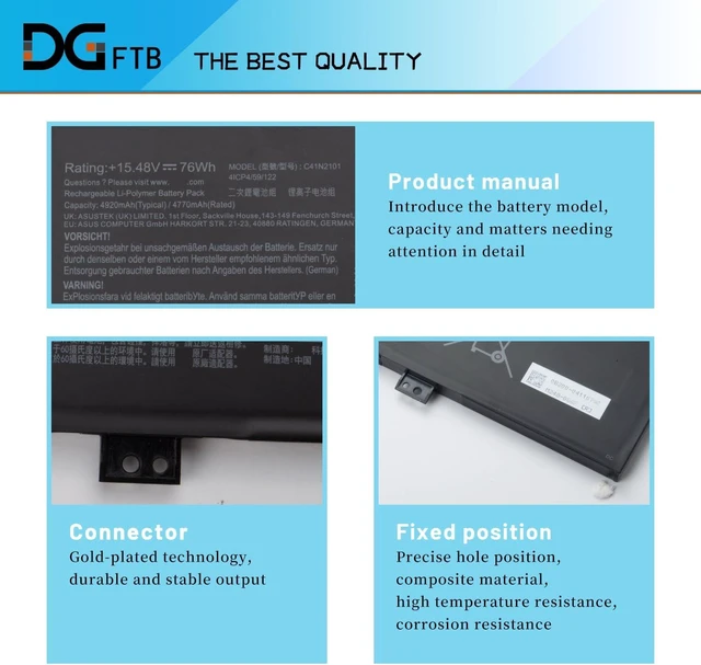 Alt view image 9 of 14 - DGFTB C41N2101 New Laptop Battery for ASUS ROG Zephyrusa G14 2022 FX517 GA402 GA402RJ GA402R UM6702RC K6501 M6501 TUF517 TUF571 FX517ZR-F15 0B200-04110000 (15.48V 76Wh/4770mAh)