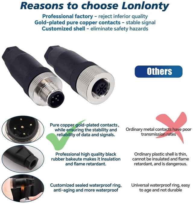 Alt view image 10 of 10 - Lonlonty M12 8 Pin Male & Female Socket Panel Aviation Wire Connector,12mm Industrial Circular Connector, Outdoor Waterproof IP67,4 Sets