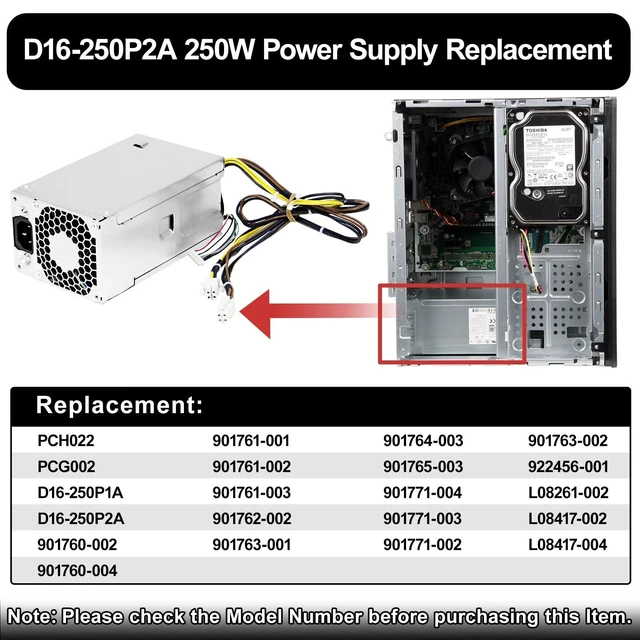 Alt view image 9 of 10 - LXun Upgrad D16-250P1A L08417-002 250W Power Supply Compatible with HP ProDesk 280 282 600 800 G3 480 400 G4 PCH022 L08417-004 901760-002 901761-001 901760-001 PA-2251-5 D16-250P2A Power Supply