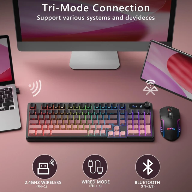 Alt view image 10 of 14 - Wireless Gaming Keyboard and Mouse Combo, RGB Backlit, Tri-Mode Bluetooth/2.4G/USB-C Wired, 98 Keys Quiet Keyboard with Number Pad, Volume Knob & Screen, 4800 DPI Mouse for PC/Mac/Laptop