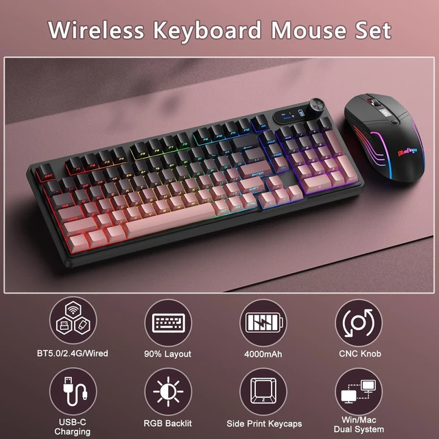 Alt view image 9 of 14 - Wireless Gaming Keyboard and Mouse Combo, RGB Backlit, Tri-Mode Bluetooth/2.4G/USB-C Wired, 98 Keys Quiet Keyboard with Number Pad, Volume Knob & Screen, 4800 DPI Mouse for PC/Mac/Laptop
