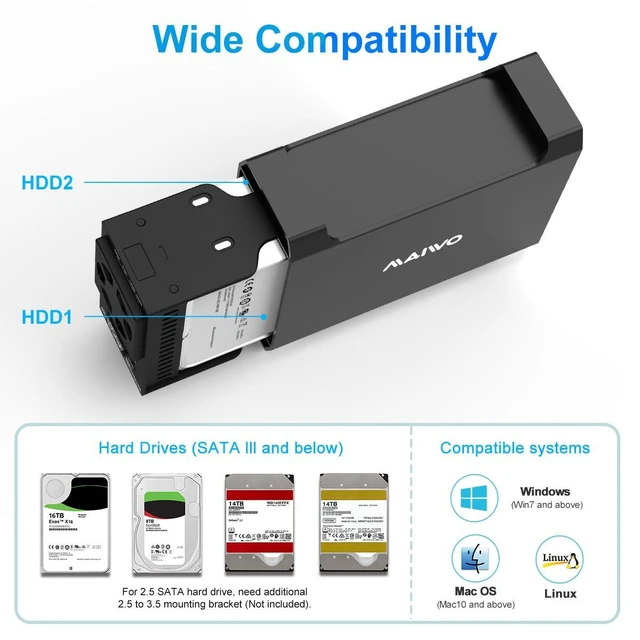 Alt view image 7 of 10 - MAIWO Dual Bay Raid Enclosure for 3.5" SATA HDD,2 Bay Hard Drive Enclosure with Cooling Fan,4 Raid Modes,USB3.0 HDD Bay for 44TB Capacity Expansion