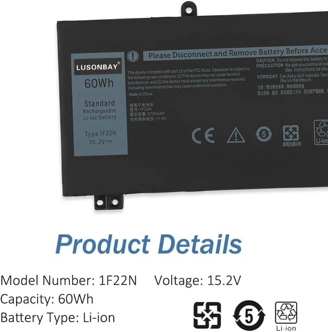 Alt view image 13 of 14 - 1F22N Laptop Battery Compatible with Dell Alienware M15 M17 R1 G7 7590 7790 G5 15 5590 5590-D2783W D2743B D2865B D2863W D2842W D2843W Series Replacement Battery for 01F22N 60Wh