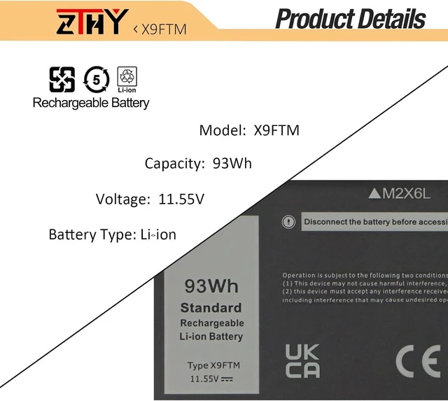 Alt view image 10 of 14 - X9FTM Laptop Battery Replacement for Dell Precision 7770 7670 7780 7680 Mobile Workstation Series P114F P114F001 P114F002 P115F P115F001 P115F002 05JMD8 965V4 05JMD8 0965V4 0X9FTM 11.55V 93Wh 6-Cell