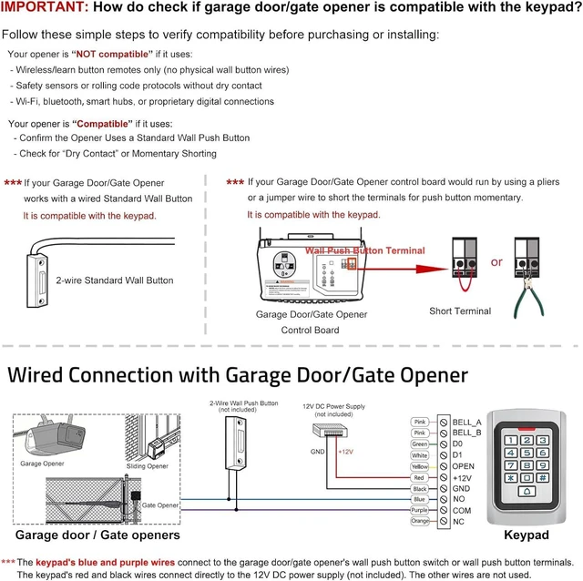 Alt view image 10 of 14 - Universal Access Control Keypad, 12V DC Wireless WiFi TUYA Door Keypad, PIN Code & ID Card Metal Key pad, IP68 Waterproof, 2000 Users, for Garage Door, Gate Opener and Access Control Systems