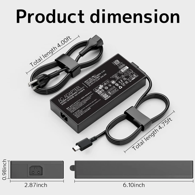 Alt view image 8 of 10 - 240W 20V 12A Laptop Charger AC Adapter Replacement for Asus ROG Zephyrus G14 G16 GU605 GU605MI TUF A14 A16 A18 ROG Flow Z13 ProArt PX13 P16 0A001-01120600 A20-200P1A A20-240P1A 200W Power Supply Co