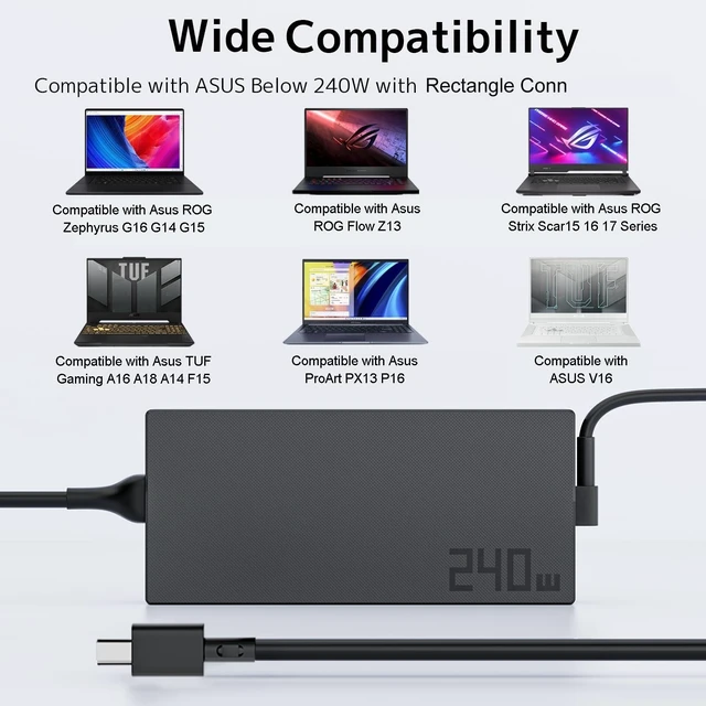 Alt view image 10 of 10 - 240W 20V 12A Laptop Charger AC Adapter Replacement for Asus ROG Zephyrus G14 G16 GU605 GU605MI TUF A14 A16 A18 ROG Flow Z13 ProArt PX13 P16 0A001-01120600 A20-200P1A A20-240P1A 200W Power Supply Co