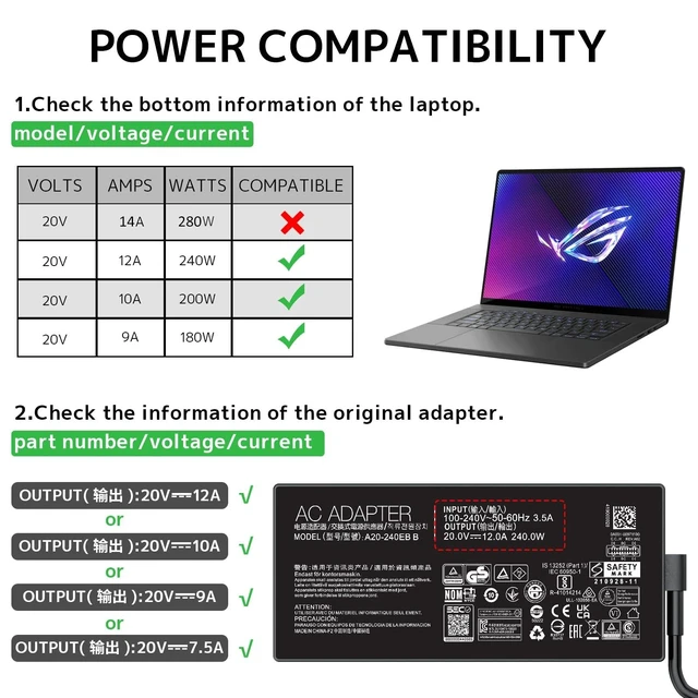 Alt view image 9 of 10 - 240W 20V 12A Laptop Charger AC Adapter Replacement for Asus ROG Zephyrus G14 G16 GU605 GU605MI TUF A14 A16 A18 ROG Flow Z13 ProArt PX13 P16 0A001-01120600 A20-200P1A A20-240P1A 200W Power Supply Co