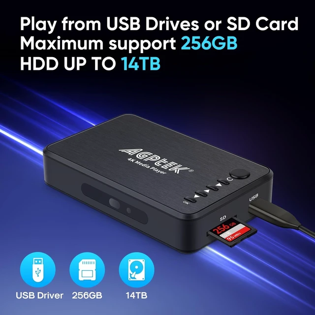 Alt view image 13 of 14 - Updated 4K@30hz HDMI TV Media Player with HDMI/AV/VGA Output, Digital MP4 Player for 14TB HDD/ 256G USB Drive/SD Card/H.265 MP4, with Remote Control for MP3 AVI RMVB MPEG etc