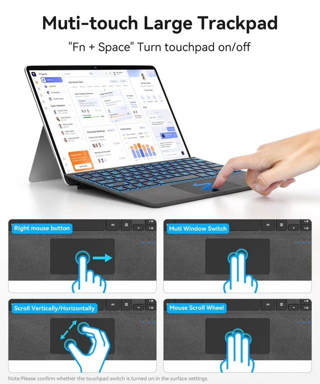 Alt view image 9 of 10 - Surface Pro Keyboard, Bluetooth Wireless Type Cover for Microsoft Surface Pro 11/10/9/8/X 13 inch, Ultra-Slim Portable Magnetic Keyboard with 7 Color Backlit, Pen Hold, Trackpad, USB-C
