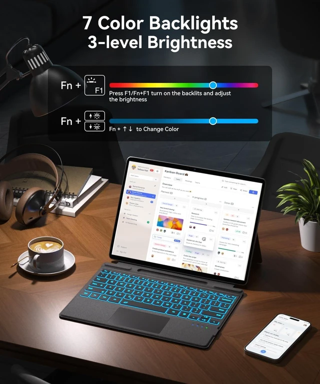 Alt view image 10 of 10 - Surface Pro Keyboard, Bluetooth Wireless Type Cover for Microsoft Surface Pro 11/10/9/8/X 13 inch, Ultra-Slim Portable Magnetic Keyboard with 7 Color Backlit, Pen Hold, Trackpad, USB-C