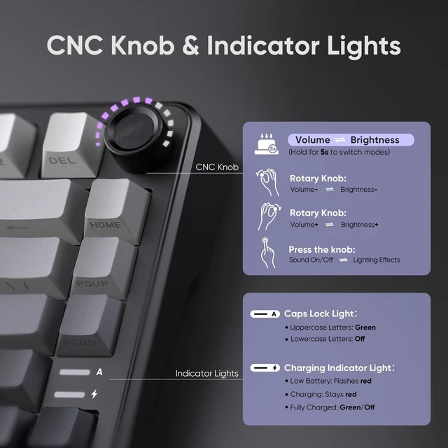 Alt view image 10 of 14 - K75 Wireless Mechanical Gaming Keyboard, 75% Hot Swappable Creamy Keyboard with Knob, RGB Backlit, Pre-lubed Linear Switches, Side Engraved PBT Keycaps, Wireless/Wired/BT5.0, Gradient Gray