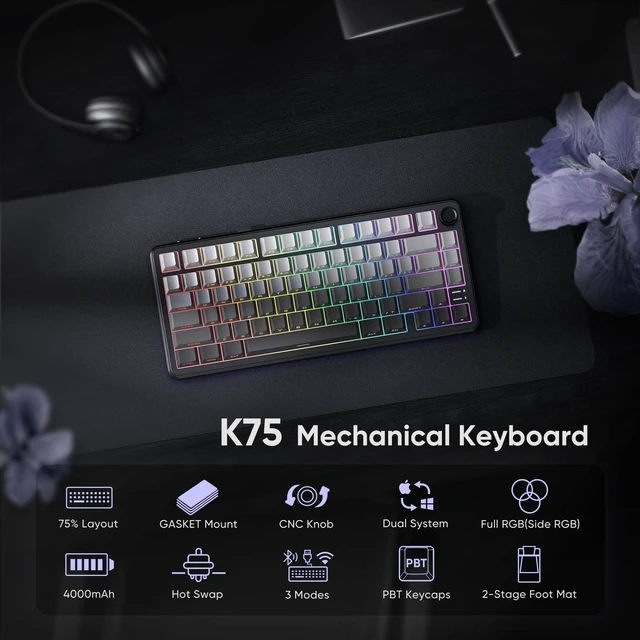 Alt view image 9 of 14 - K75 Wireless Mechanical Gaming Keyboard, 75% Hot Swappable Creamy Keyboard with Knob, RGB Backlit, Pre-lubed Linear Switches, Side Engraved PBT Keycaps, Wireless/Wired/BT5.0, Gradient Gray