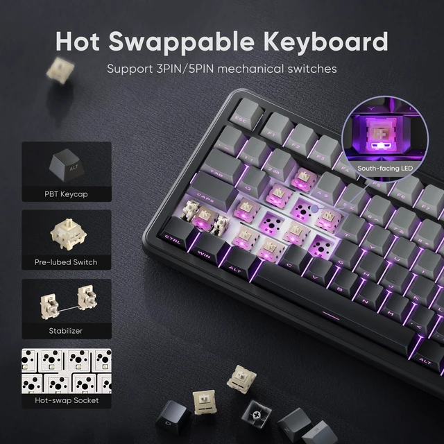 Alt view image 13 of 14 - K75 Wireless Mechanical Gaming Keyboard, 75% Hot Swappable Creamy Keyboard with Knob, RGB Backlit, Pre-lubed Linear Switches, Side Engraved PBT Keycaps, Wireless/Wired/BT5.0, Gradient Gray