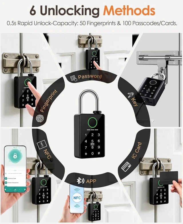 Alt view image 9 of 14 - Heavy Duty Smart Padlock for Outdoor Gate, 10mm Hardened Steel Shackle 15kN Shear Resistance, 6-in-1 Keyless Entry Biometric Fingerprint Lock with Tuya App, IP67, Pool, Gym.