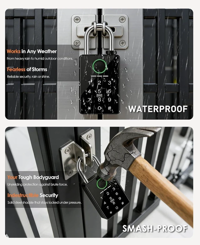Alt view image 13 of 14 - Heavy Duty Smart Padlock for Outdoor Gate, 10mm Hardened Steel Shackle 15kN Shear Resistance, 6-in-1 Keyless Entry Biometric Fingerprint Lock with Tuya App, IP67, Pool, Gym.