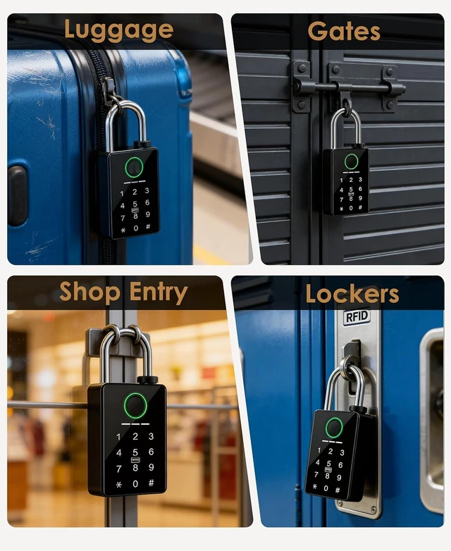 Alt view image 14 of 14 - Heavy Duty Smart Padlock for Outdoor Gate, 10mm Hardened Steel Shackle 15kN Shear Resistance, 6-in-1 Keyless Entry Biometric Fingerprint Lock with Tuya App, IP67, Pool, Gym.