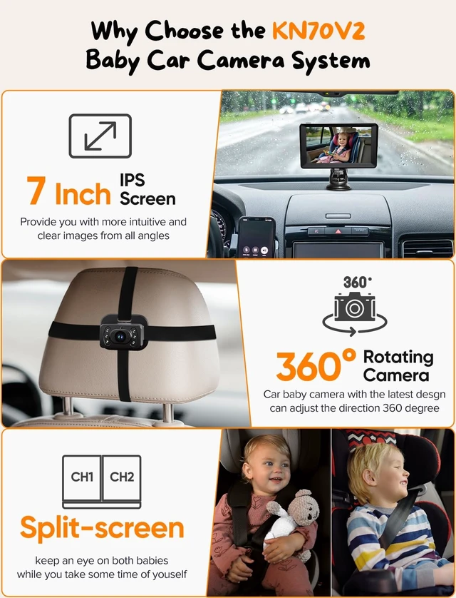 Alt view image 9 of 14 - Baby Car Camera for 2 Kids - 7 Inch HD1080P Split Screen Baby Monitor with Dual Backseat Camera 150° Wide View & 360° Rotatable, Night Vision Easy Install, Rear-Facing Baby Car Mirror