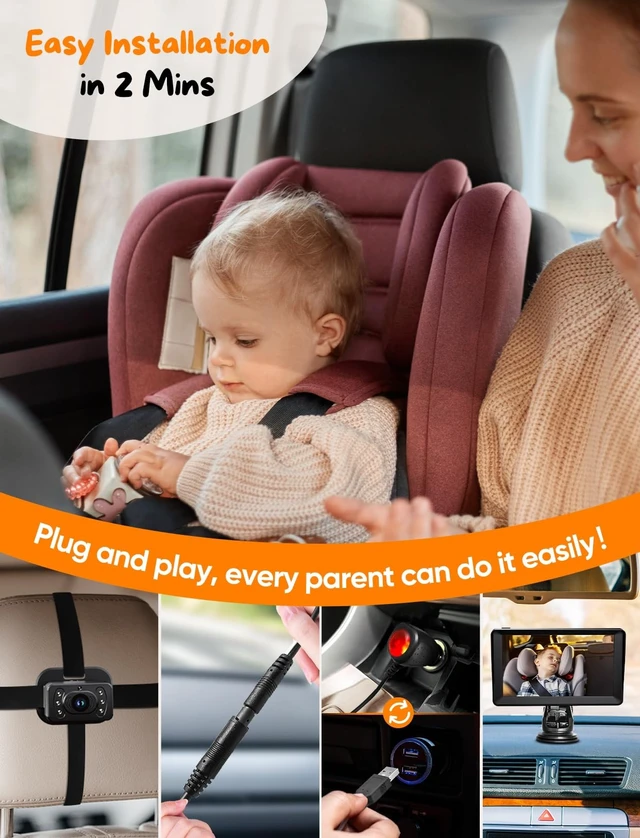 Alt view image 10 of 14 - Baby Car Camera for 2 Kids - 7 Inch HD1080P Split Screen Baby Monitor with Dual Backseat Camera 150° Wide View & 360° Rotatable, Night Vision Easy Install, Rear-Facing Baby Car Mirror