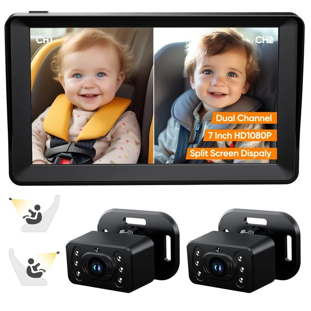 Alt view image 8 of 14 - Baby Car Camera for 2 Kids - 7 Inch HD1080P Split Screen Baby Monitor with Dual Backseat Camera 150° Wide View & 360° Rotatable, Night Vision Easy Install, Rear-Facing Baby Car Mirror