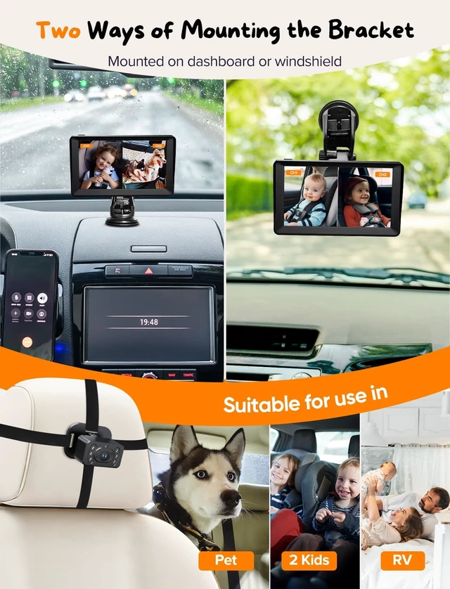 Alt view image 13 of 14 - Baby Car Camera for 2 Kids - 7 Inch HD1080P Split Screen Baby Monitor with Dual Backseat Camera 150° Wide View & 360° Rotatable, Night Vision Easy Install, Rear-Facing Baby Car Mirror