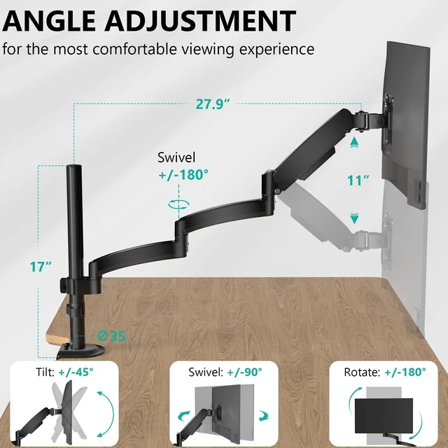 Alt view image 7 of 10 - WALI Single Long Monitor Arm - 13 to 32 inch Computer Monitor Arm Desk Mount, Hold up to 19.8lbs, Extra Long Adjustable Stand, Full Motion Tall Arm, VESA 75/100mm, (GSDM001L)