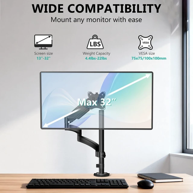 Alt view image 8 of 10 - WALI Single Long Monitor Arm - 13 to 32 inch Computer Monitor Arm Desk Mount, Hold up to 19.8lbs, Extra Long Adjustable Stand, Full Motion Tall Arm, VESA 75/100mm, (GSDM001L)